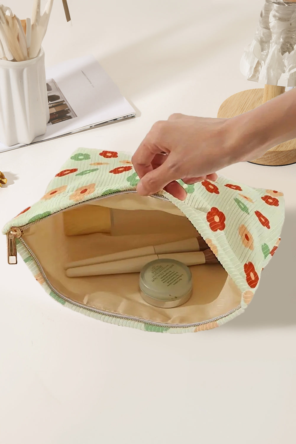 Clearly Aqua Flower Print Corduroy Zipper Makeup Storage Bag