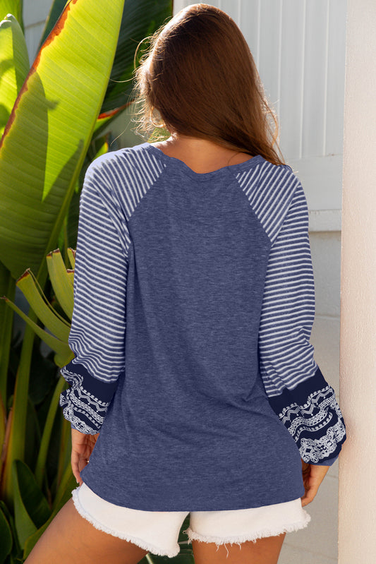 Navy Blue Contrast Print Striped Raglan Long Sleeve Loose Top