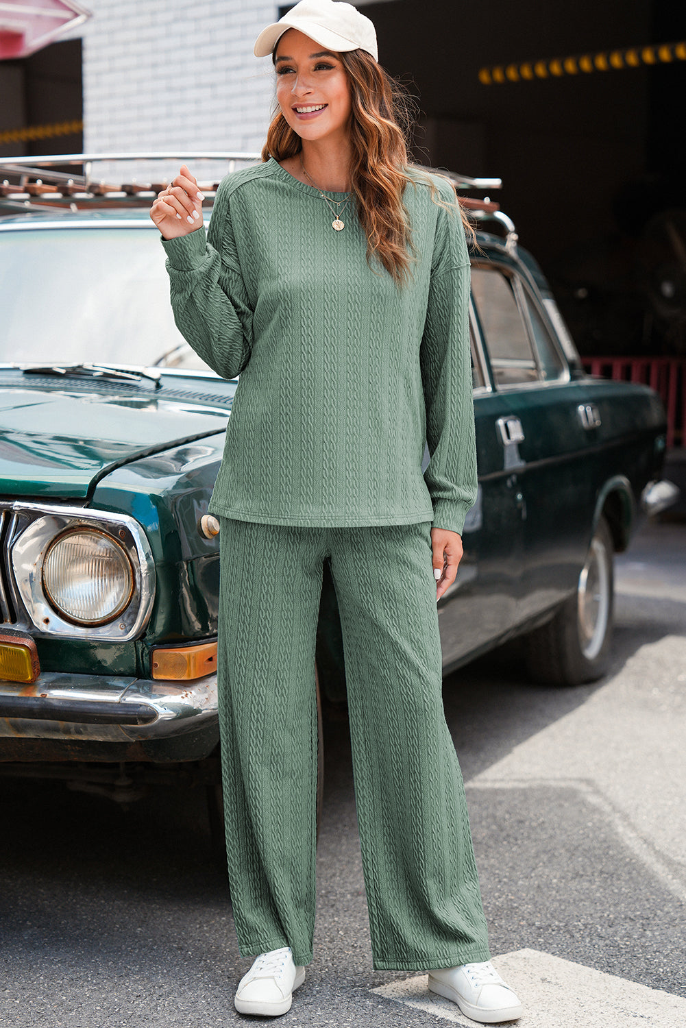 Smoke Green Textured Round Neck Sweatshirt & Loose Drawstring High Waist Pant Set