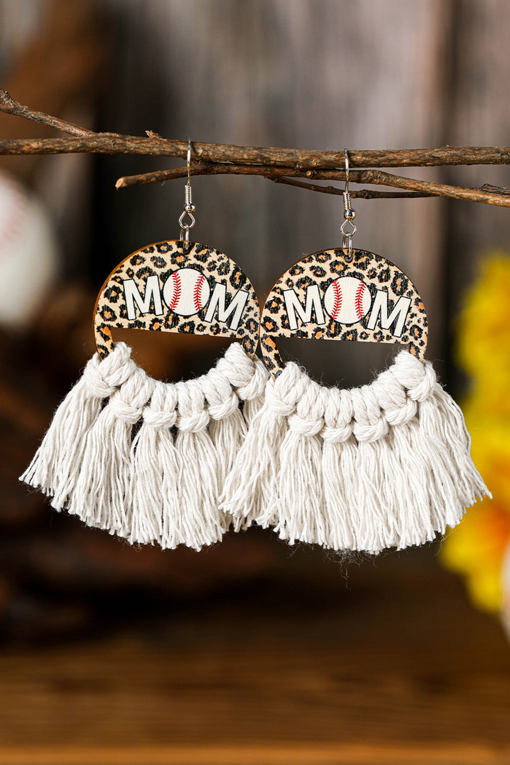 White Leopard Rugby Football MOM Print Fringed Hook Earrings