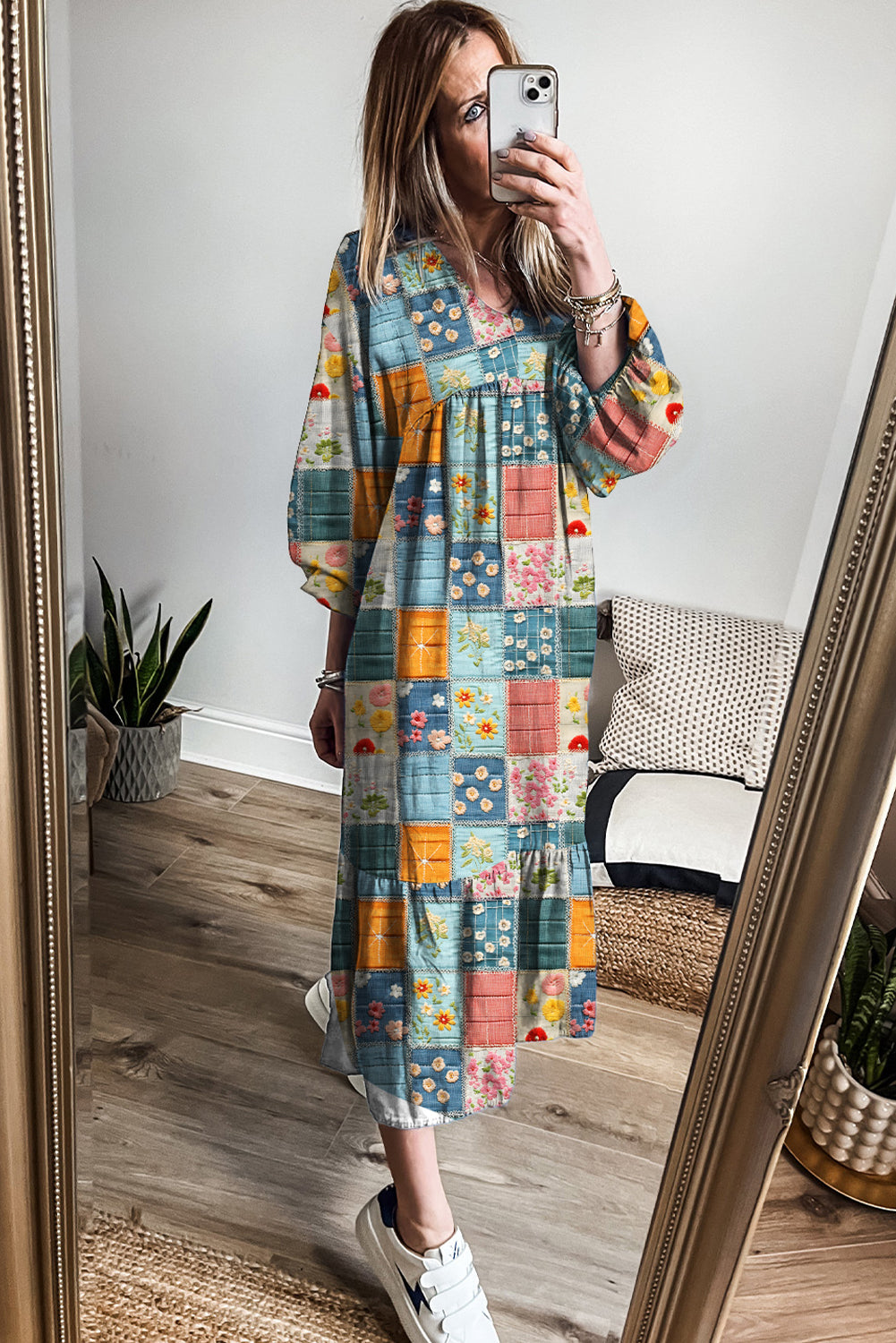 Sky Blue Mix Floral Checkered Pattern Bubble Sleeve Ruffle Hem Dress