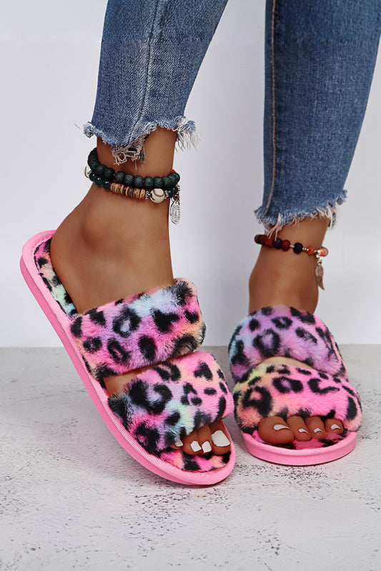 Rose Red Bold Plush Leopard Double Band Flat Slippers