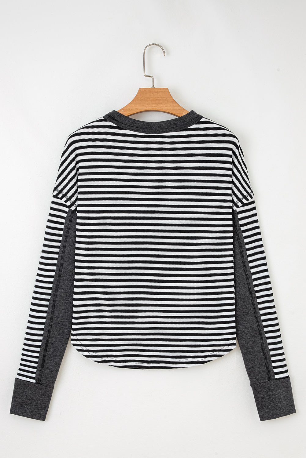 Black Stripe Thermal Knit Drop Shoulder Casual Top