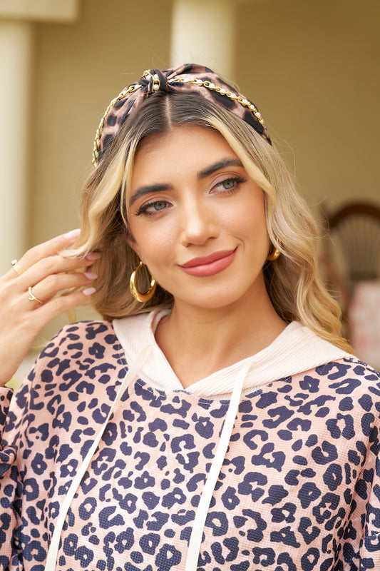 Chestnut Leopard Wideband Knotted Pearl Chain Detail Headband