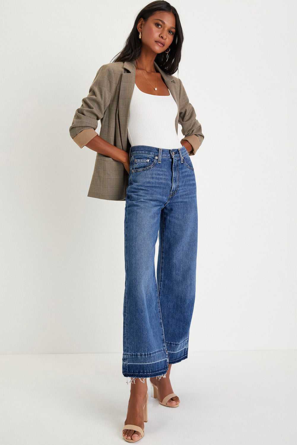 Navy Blue Raw Hem Straight Leg Loose High Waist Jeans