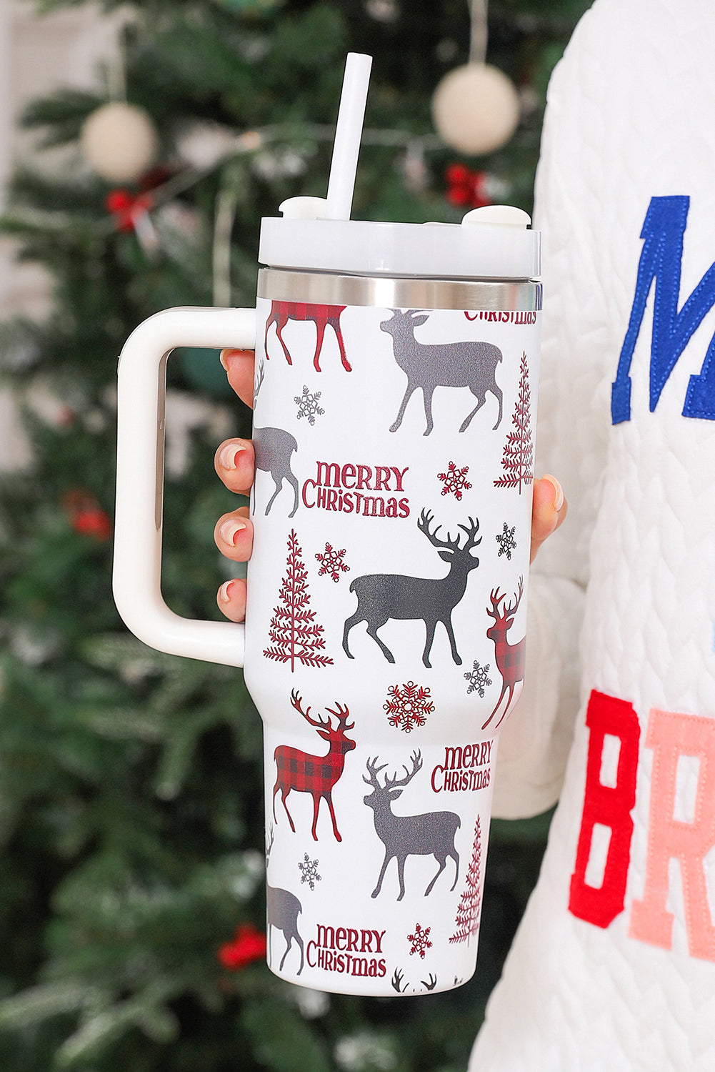White Merry Christmas Tree Snowflake Elk Print Handle Tumbler