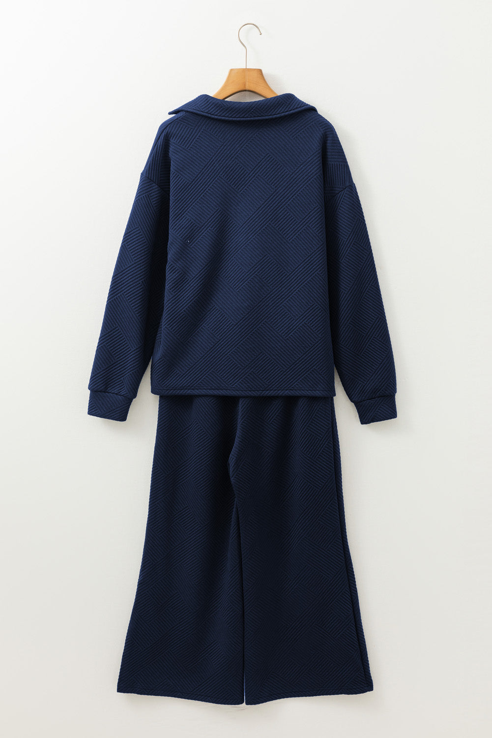 Sail Blue Solid Textured Collared V Neck Top and Wide Leg Pants Set