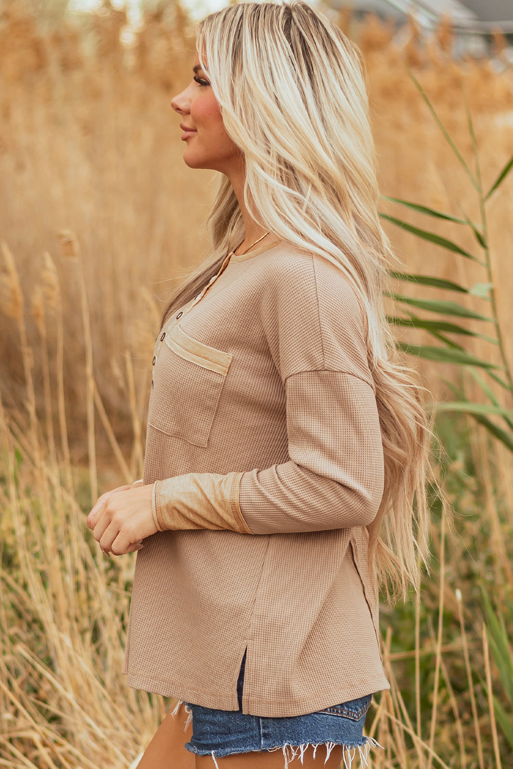 Dark Khaki Color Block Waffle Textured Tunic Henley Top with Slits