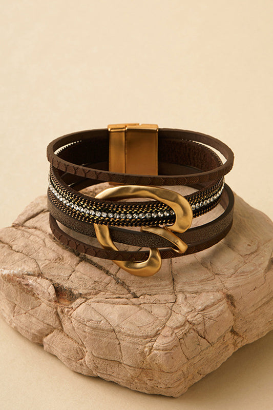 Coffee PU Leather Straps Rhinestone Embedded Retro Magnetic Buckle Bracelet