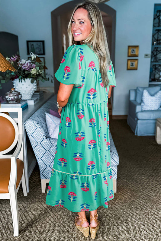 Green Floral Print Notched Neck Butterfly Sleeve Shift Long Dress