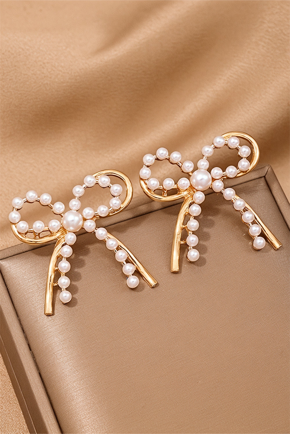 Gold Pearl Embellished Alloy Bow Knot Stud Earrings