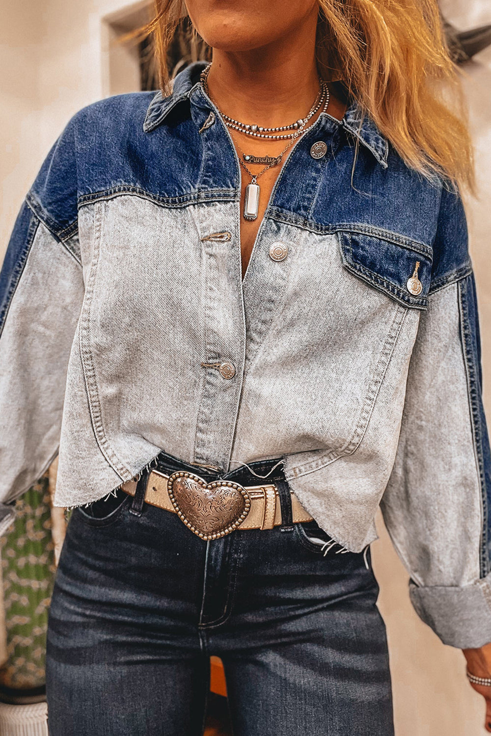 Dusk Blue Color Block Patchwork Flap Detail Distress Denim Jacket