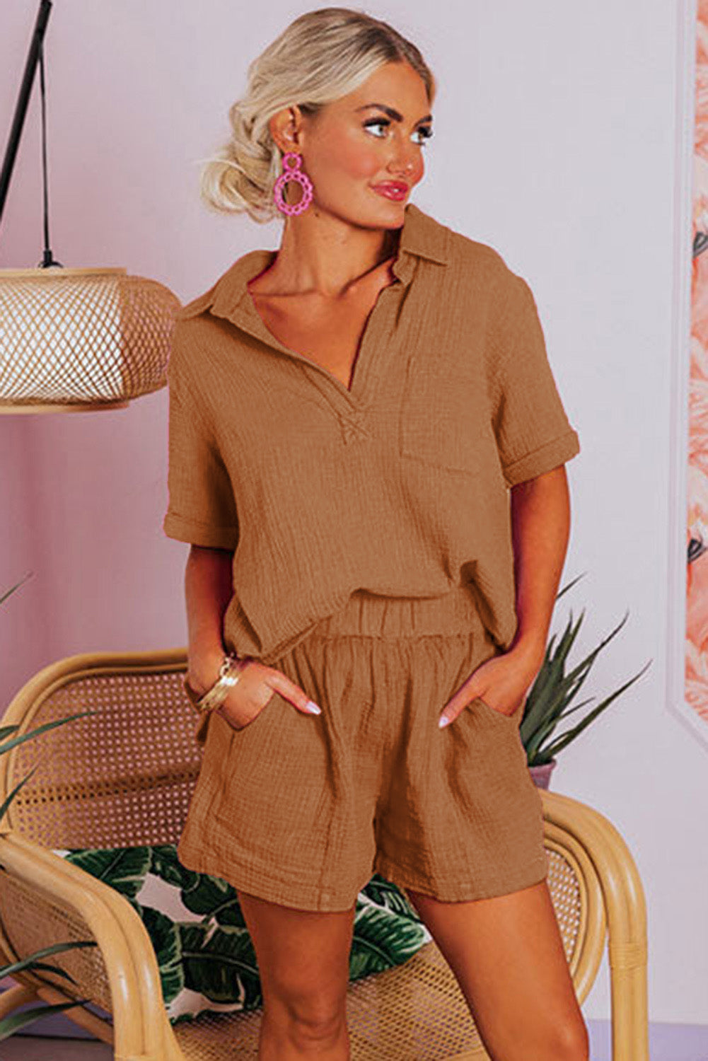 Chestnut Crinkle Textured Polo Shirt and High Waist Shorts Set