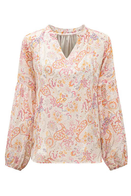 Golden Apricot Floral Print V Neck Long Puff Sleeve Top
