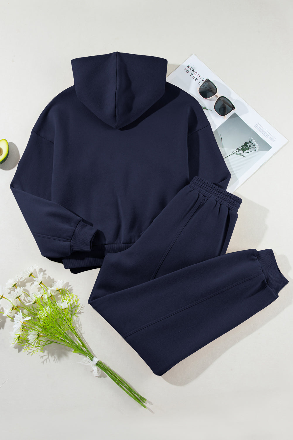 Navy Blue Solid Exposed Seams Hoodie and Joggers Activewear Set