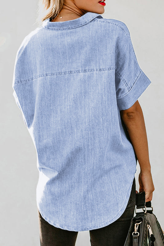 Sky Blue-3 Turn-down Collar Short Sleeve Denim Shirt