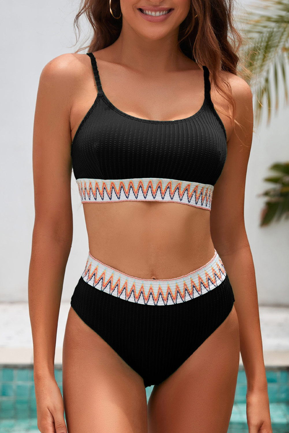 Black Textured Contrast Banding Bikini High Waist 2pcs Swimsuit
