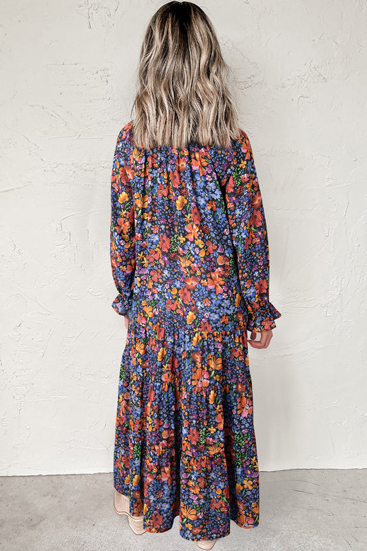 Blue Floral Print Tassel Tie V Neck Long Sleeve Flowy Long Dress