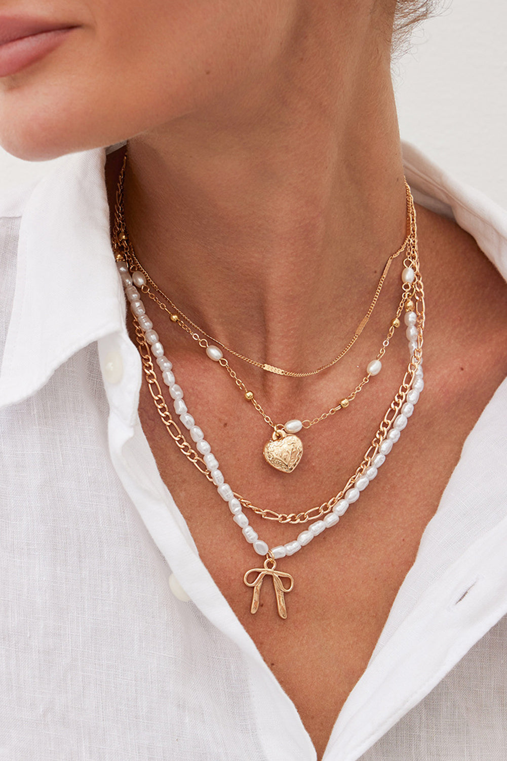 Gold Bow Heart Pendant Pearl Chaining Plated Necklace