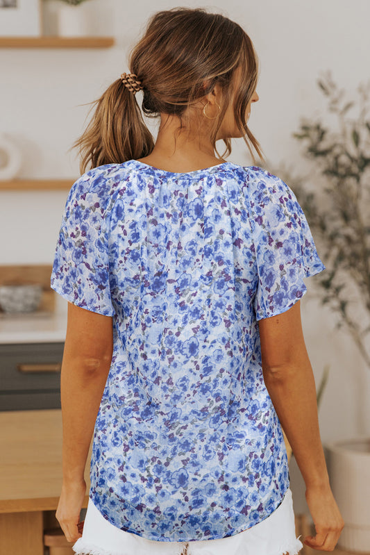 Blue Flutter Sleeve V Neck Floral Summer Blouse