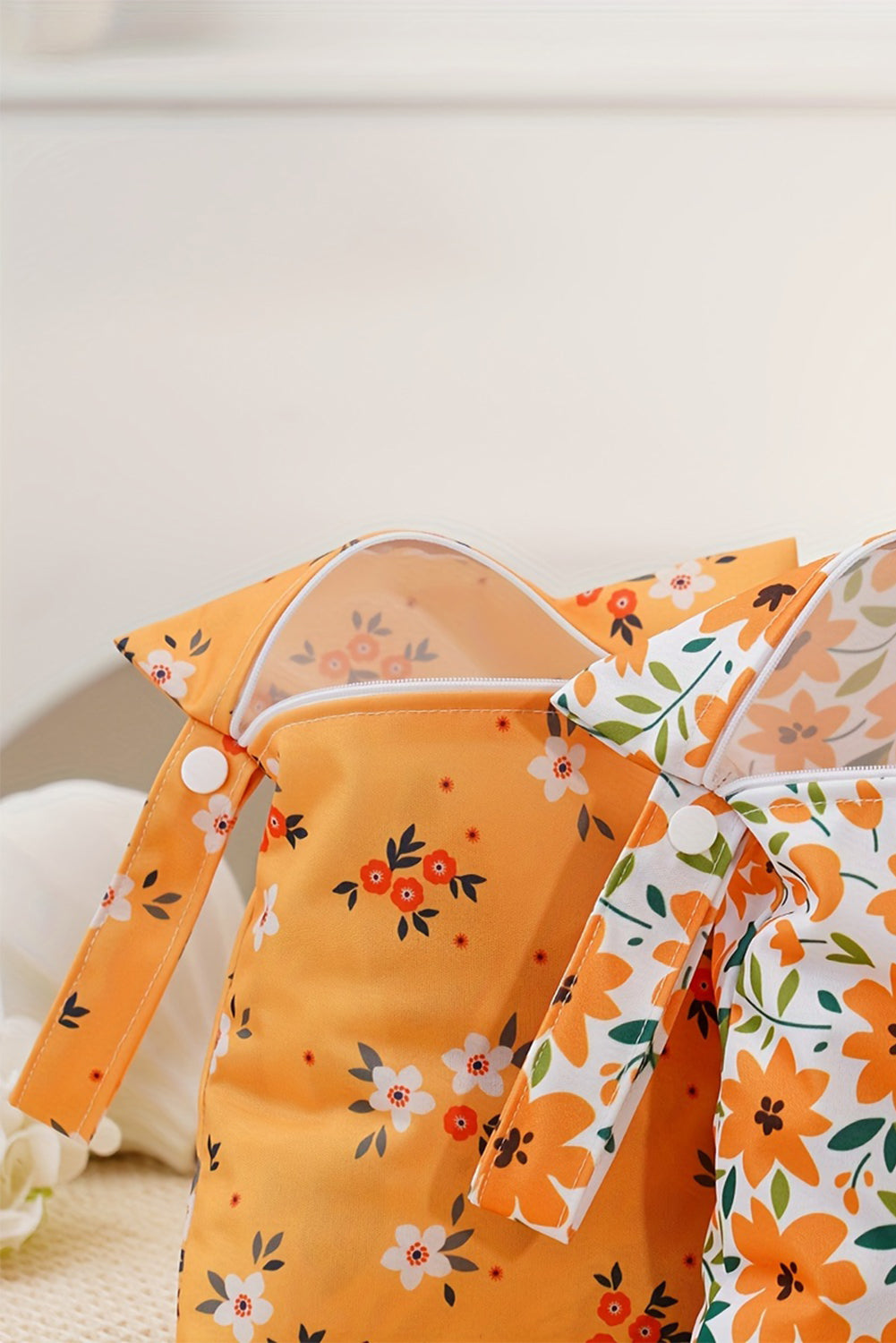 Russet Orange 2pcs Floral Print Zip Canvas Bag