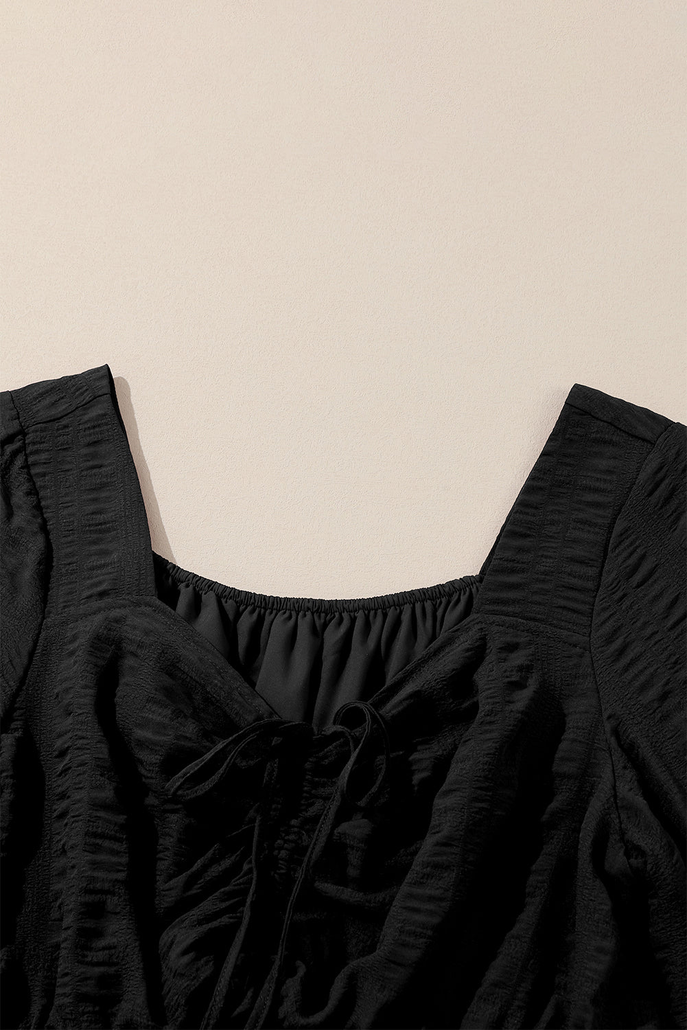 Black Lace-up Ruched Front Long Sleeve Ruffle Hem Plus Size Midi Dress