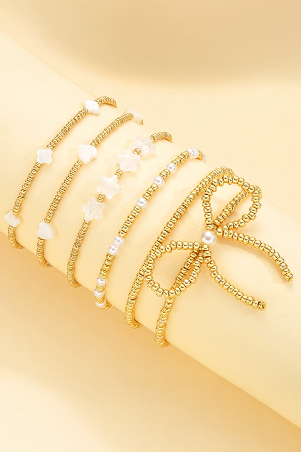 Gold Bow Knot Star Heart Beaded Multi Layer Bracelet