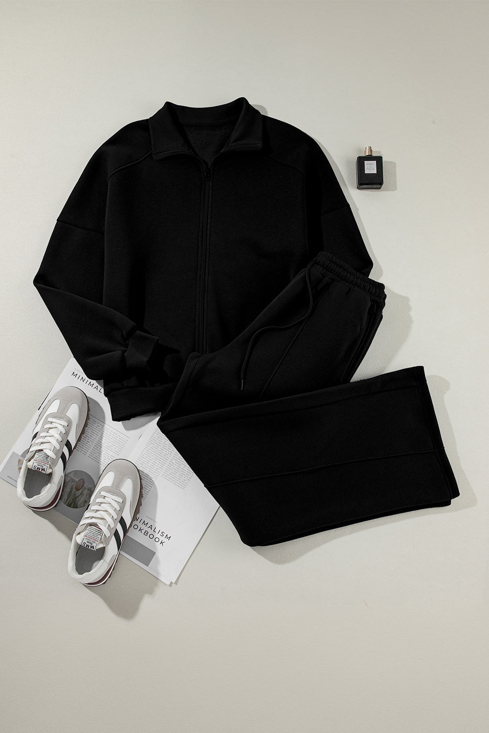 Black Drop Shoulder Zip Up Jacket Drawstring Pants Active 2pcs Set