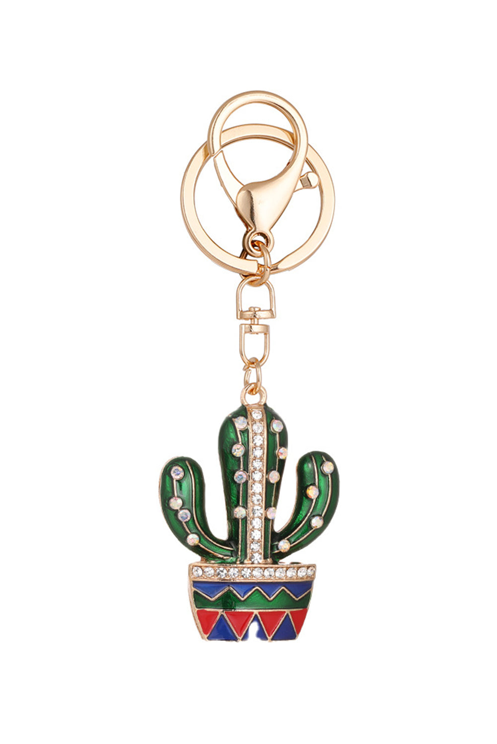 Gold Western Cactus Rhinestone Decor Keychain