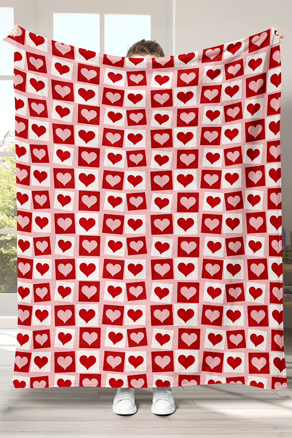 Fiery Red Heart Checkered Print Soft Large Blanket