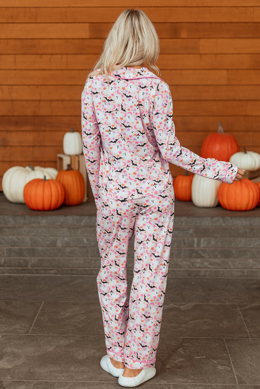 Pink Halloween Eve Haunted Honey Bat Print Pajama Set