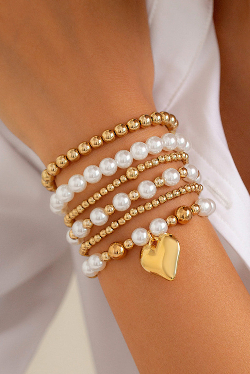 Gold Plated Heart Charm Pearl Beading Multilayer Bracelet