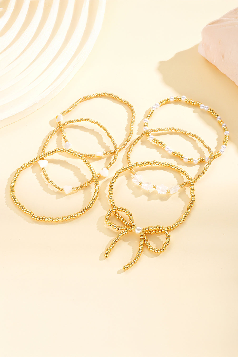 Gold Bow Knot Star Heart Beaded Multi Layer Bracelet