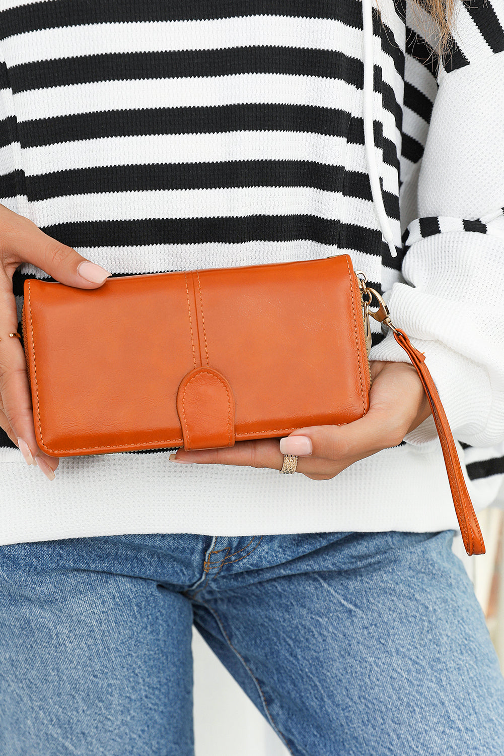 Cinnamon Faux Leather Zip Around Wrist Strap Long Wallet