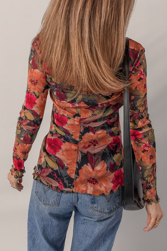 Multicolour Floral Print Lettuce Trim Long Sleeve Mesh Top