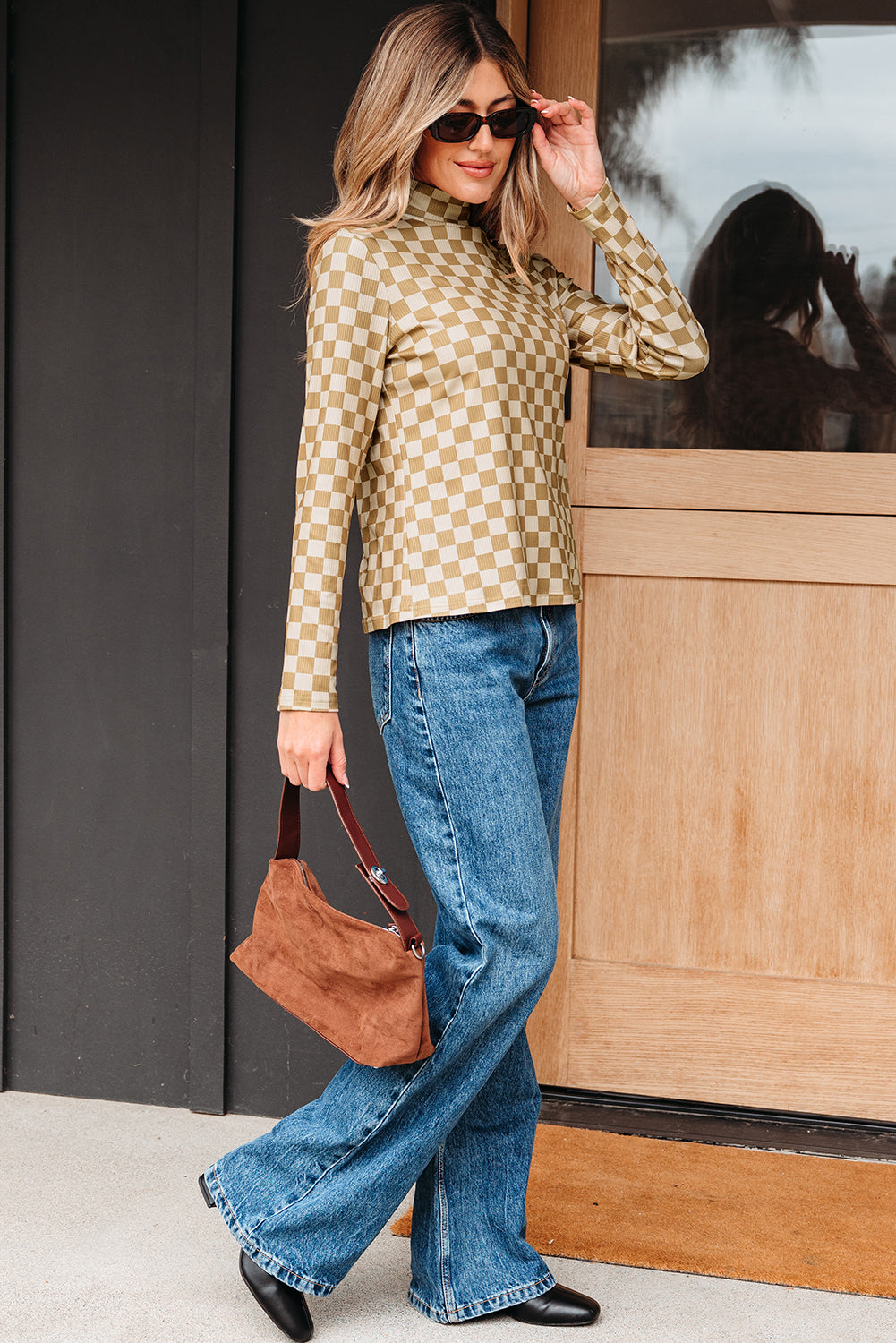 Khaki Check Pattern Turtleneck Ribbed Slim Long Sleeve Tee