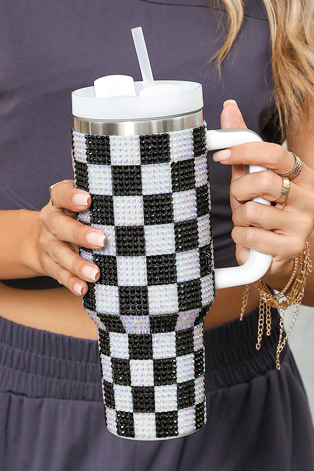 Black Full Rhinestone Checkerboard Handled Tumbler 40oz