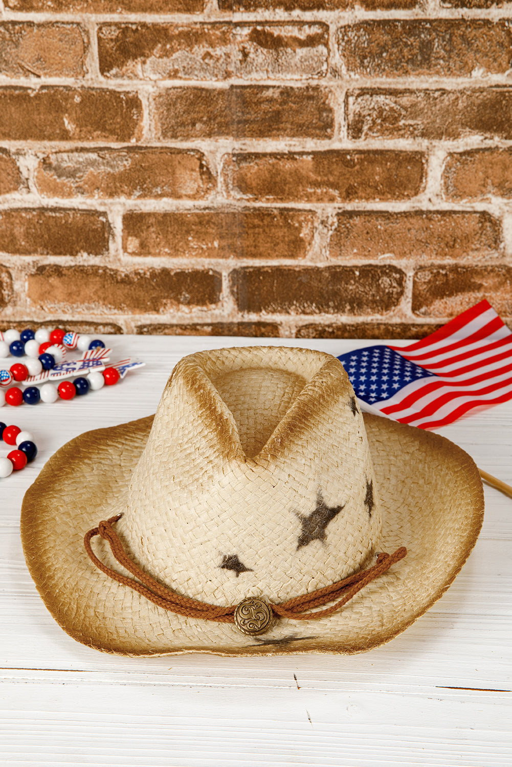 Khaki Vintage Star Shape Woven Wide Brim Buckle Hat