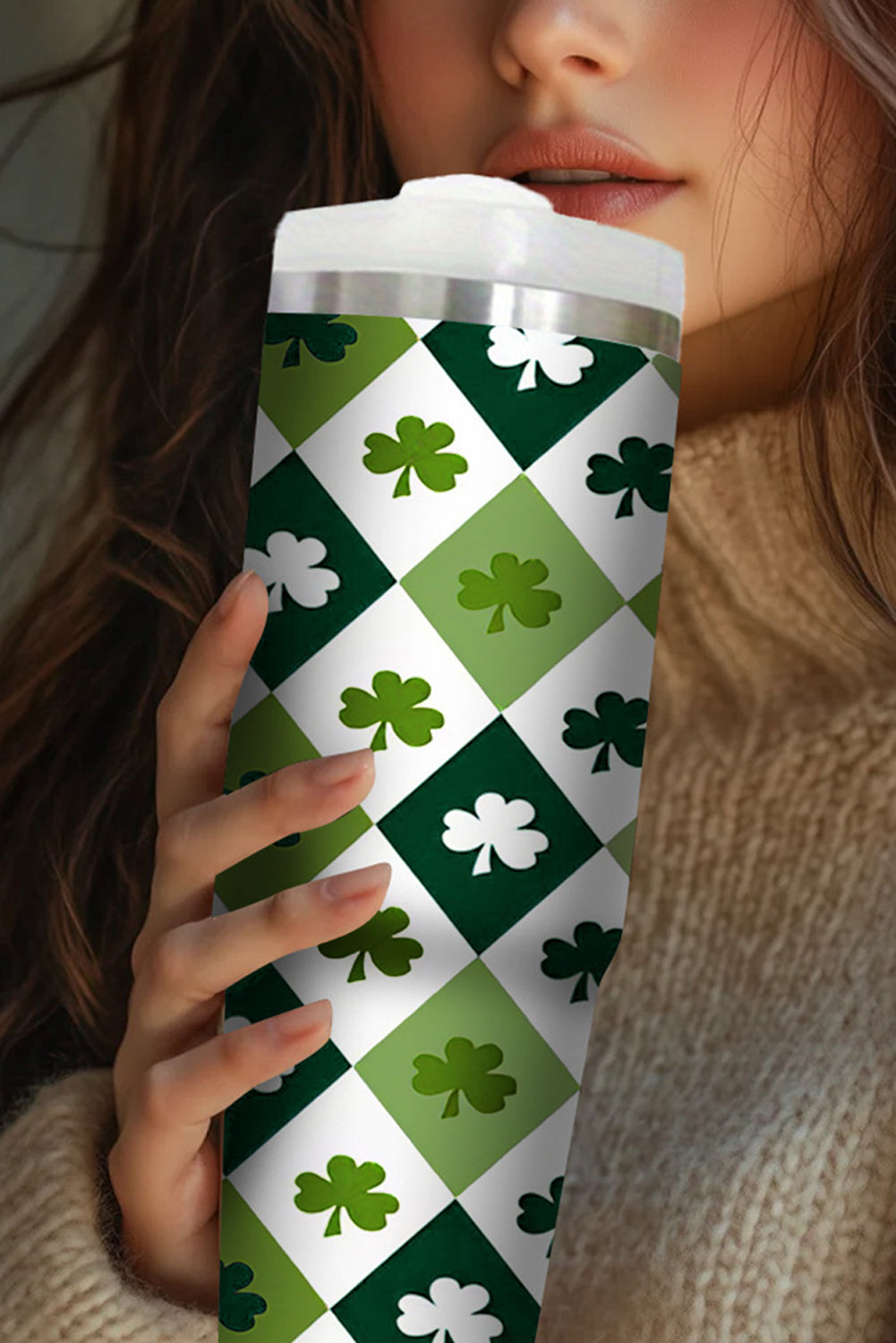 Green Clover Checkered Print Straw Large Tumbler without Handle 40oz