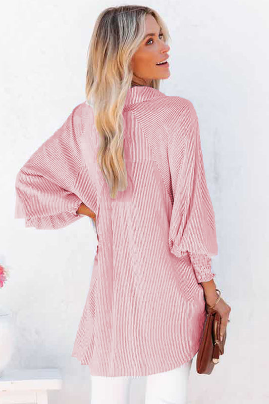 Red Stripe Smocked Cuffed Striped Boyfriend Shirt with Pocket