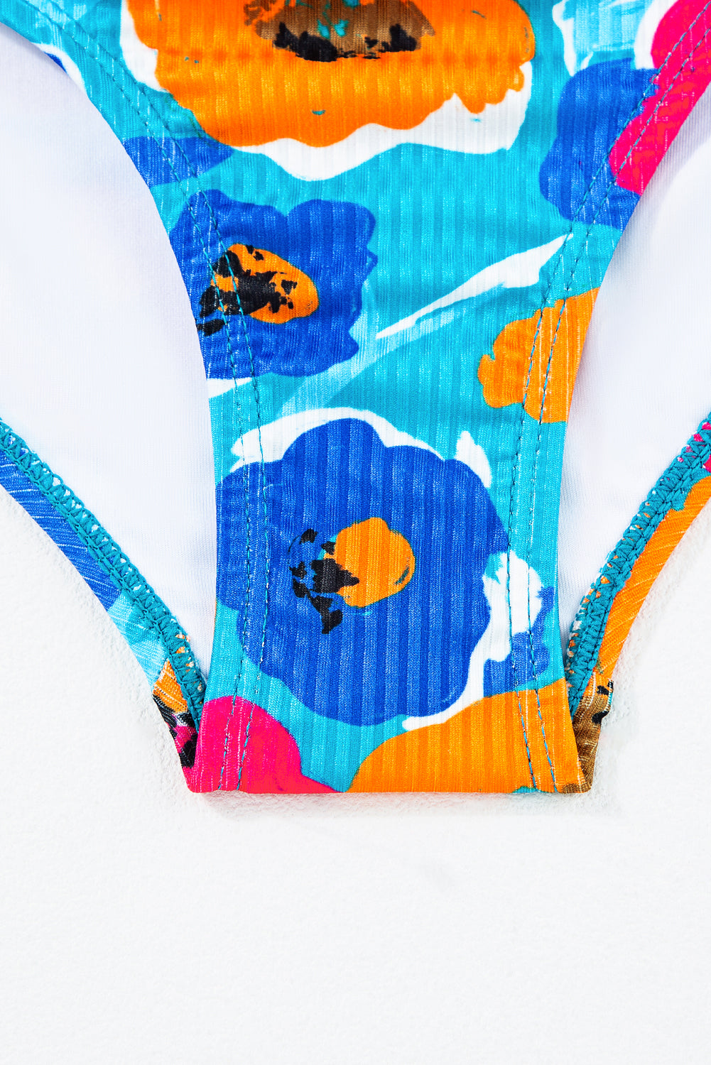 Sky Blue Orange Adjustable Straps Ribbed Knit One Piece Swimsuit