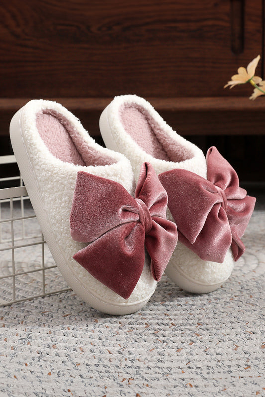 White Glister Ribbon Bow Decor Contrast Liner Plush Slippers