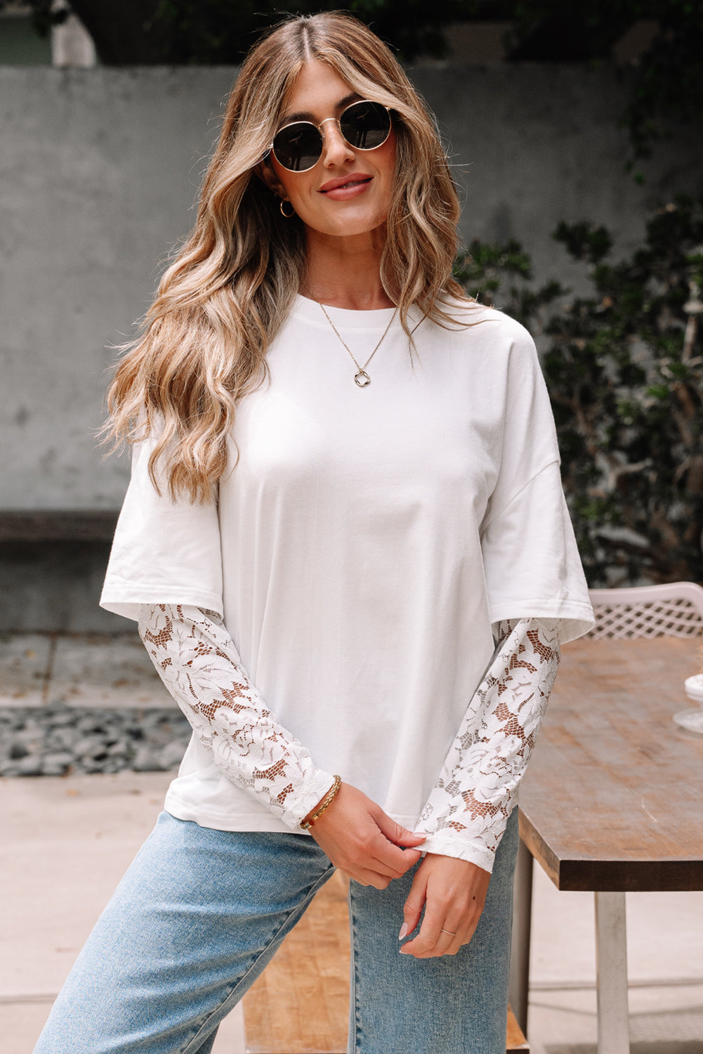 White Lace Long Sleeve Insert Drop Shoulder Tee