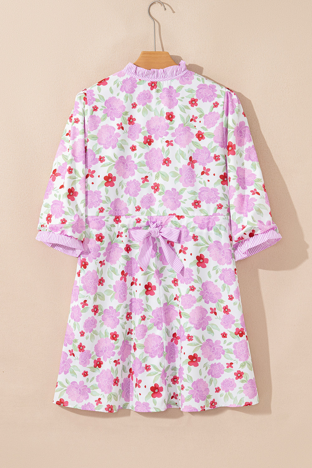 Pink Floral Print Striped Trim Frilled Neck 3/4 Sleeve Flared Mini Dress