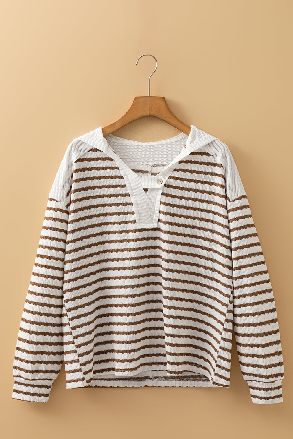 Khaki Stripe Textured Hooded V Neck Casual Long Sleeve Top