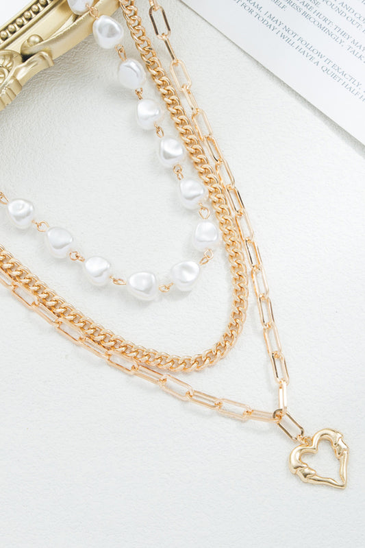 Gold Plated Heart Chain Pearl Beading 3pcs Necklace Set