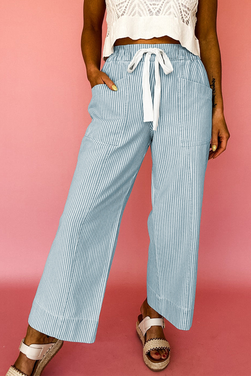 Sky Blue Stripe Mid Rise Drawstring Waist Jeans