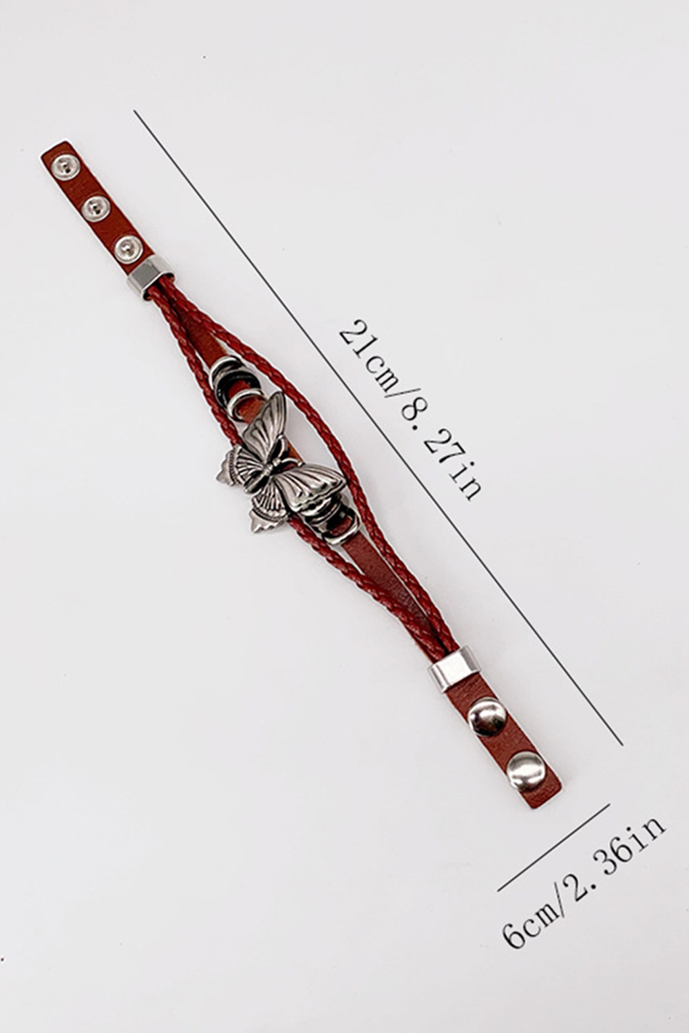 Mineral Red Retro Butterfly Decor Exotic Faux Leather Braided Snap Button Bracelet