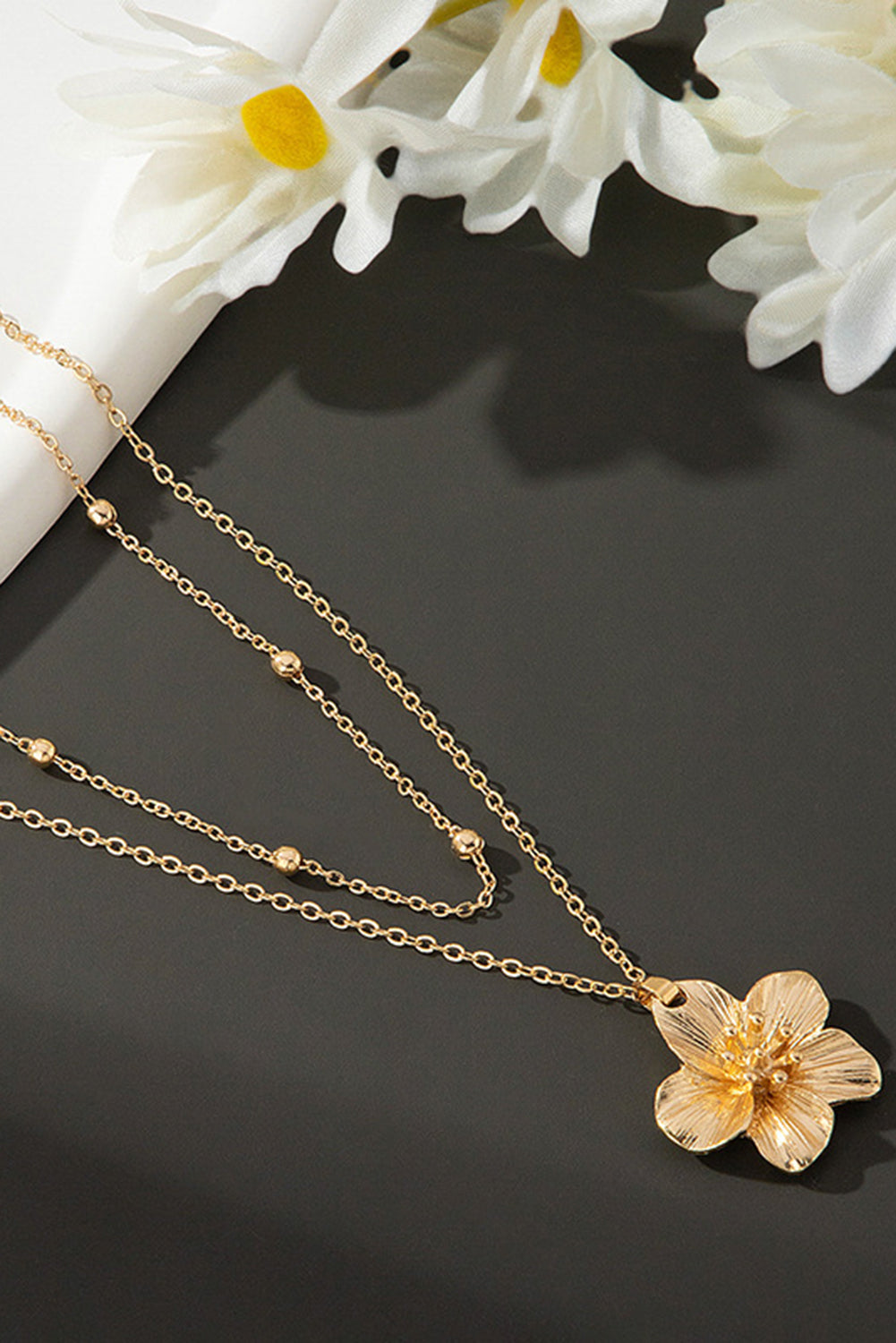 Gold Flower Pendant Beaded Double Chain Plated Necklace