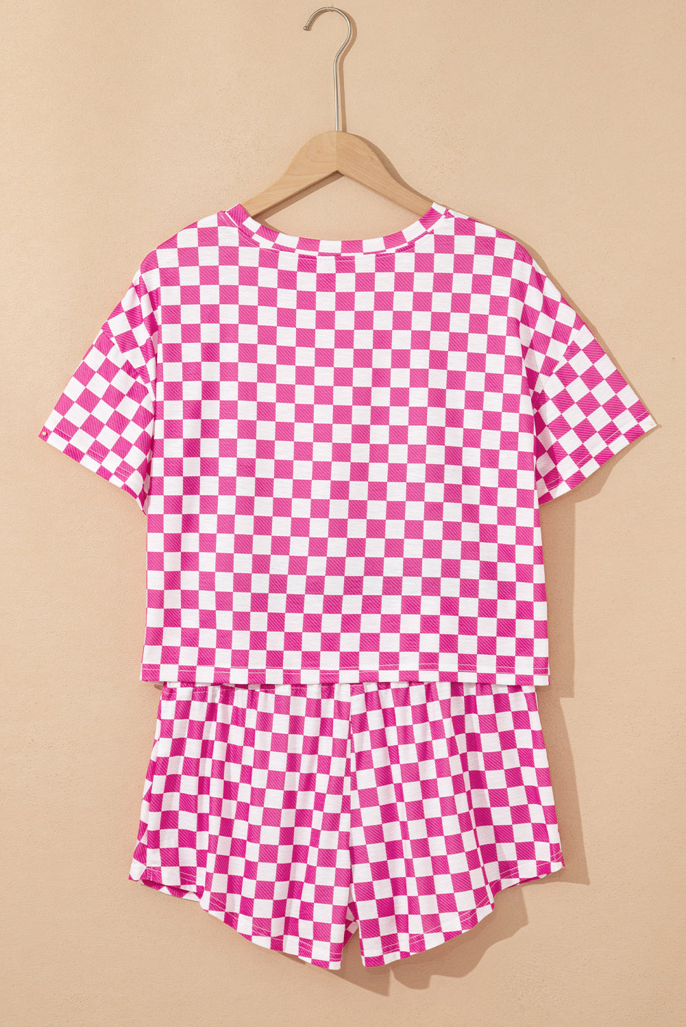 Pink Checkerboard T Shirt and High Waist Skorts 2 Piece Outfit